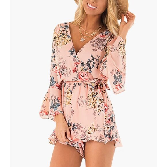 Pink Floral Rose Printed Chiffon Belted Ruffle Long Sleeve Romper Short Dress - Picture 2 of 6